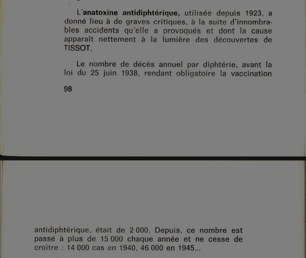 L'anatoxine antidiphtérique, utilisée depuis 1923, a donné lieu à de graves critiques, à la suite d'innombrables accidents qu'elle a provoqués et dont la cause apparaît nettement à la lumière des découvertes de Tissot.
Le nombre de décès annuel par diphtérie, avant la loi du 25 juin 1938, rendant obligatoire la vaccination antidiphtérique, était de 2000. Depuis, ce nombre est passé à plus de 15 000 chaque année et ne cesse de croître : 14000 cas en 1940, 46000 en 1945...